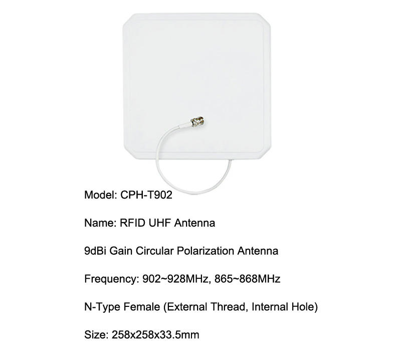 การ์ดข้อมูลจำเพาะแสดงเสาอากาศ UHF CPH-T902 พร้อมเกน 9dBi และจุดออกสายอยู่ตรงกลางด้านหน้า