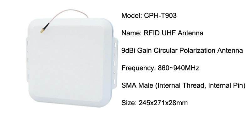 การ์ดข้อมูลจำเพาะแสดงเสาอากาศ UHF CPH-T903 พร้อมโพลาไรเซชันแบบวงกลม 9dBi และช่องยึดโครงยึดด้านข้าง
