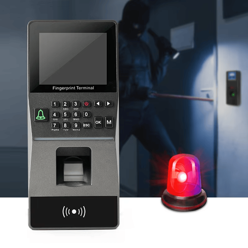 เครื่องปลายทางรักษาความปลอดภัย F16 ปรากฏอยู่ด้านหน้าฉากหลังที่มีไฟเตือนและภาพการบุกรุก เพื่อเน้นย้ำการปกป้องการเข้าถึงสำนักงาน