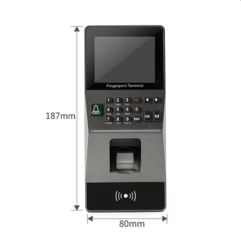 ภาพแผนผังทางเทคนิคของเทอร์มินัลลายนิ้วมือ RFID สำหรับจัดการเข้าออกโรงงาน F16 โดยแสดงขนาดและสัดส่วนของผลิตภัณฑ์.