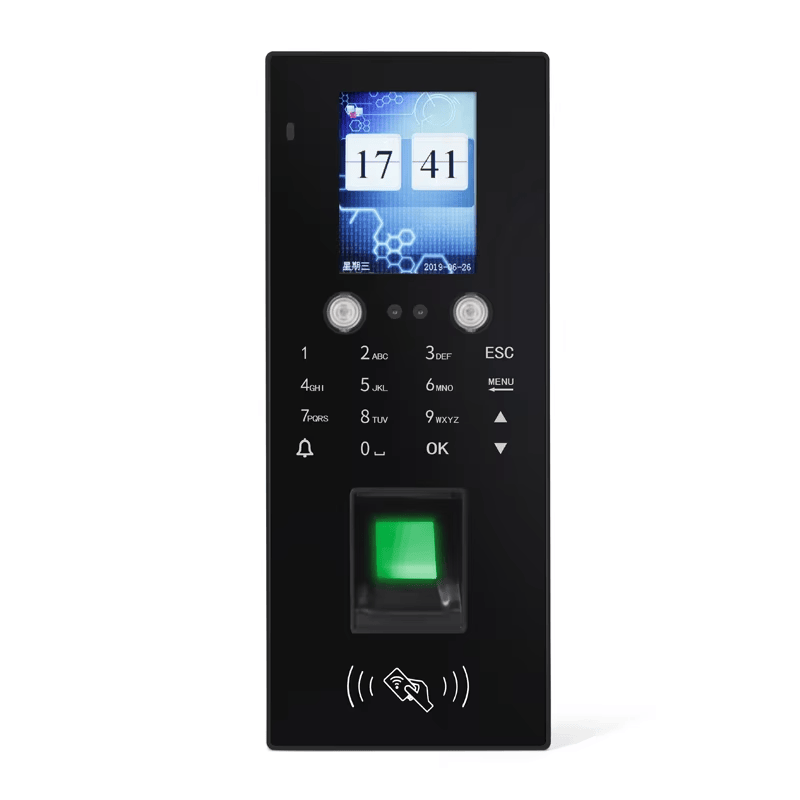 ภาพนี้แสดงเทอร์มินัล RFID ไบโอเมตริกสำหรับประตูสำนักงาน MR20 โดยแสดงการนำเสนอรูปลักษณ์ผลิตภัณฑ์อย่างชัดเจน แป้นกดและปุ่มควบคุม และเซ็นเซอร์สแกนลายนิ้วมือ.