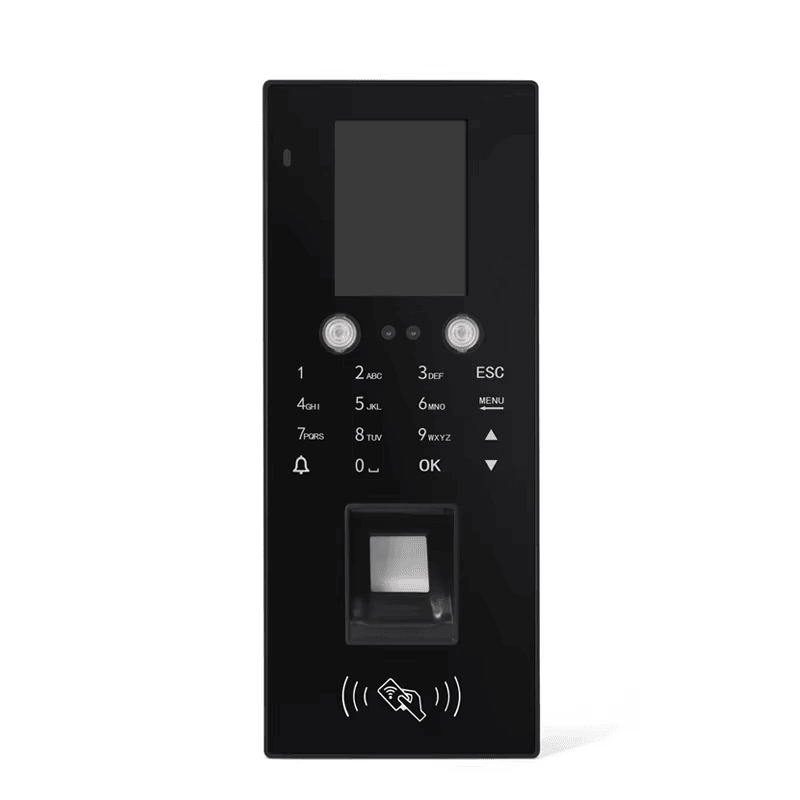 ภาพนี้แสดงเทอร์มินัล RFID ไบโอเมตริกสำหรับประตูสำนักงาน MR20 โดยแสดงช่องสแกนลายนิ้วมือและสัญลักษณ์แตะบัตร แป้นกดและปุ่มควบคุม และหน้าจอแสดงผล.