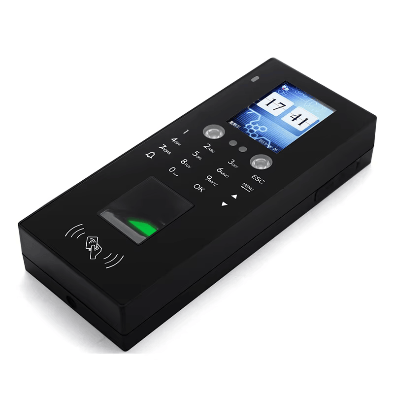 ภาพนี้แสดงเทอร์มินัล RFID ไบโอเมตริกสำหรับประตูสำนักงาน MR20 โดยแสดงแป้นกดและปุ่มควบคุม หน้าจอแสดงผล และขนาดและสัดส่วนของผลิตภัณฑ์.