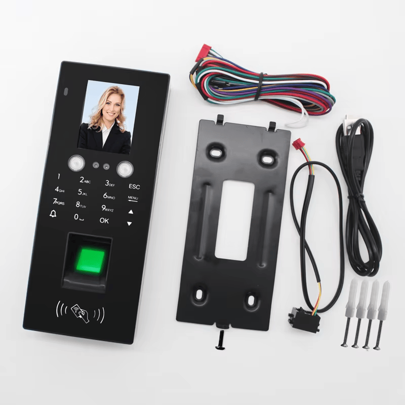 ภาพนี้แสดงเทอร์มินัลลายนิ้วมือ RFID สำหรับทางเข้าอาคาร MR20 USB โดยแสดงการเชื่อมต่อ USB ชุดสายไฟและสายสื่อสาร แผ่นและขายึดสำหรับติดตั้ง ตัวเครื่องและอุปกรณ์ในชุด และคู่มือและอุปกรณ์ติดตั้ง เหมาะสำหรับการควบคุมการเข้าออก.