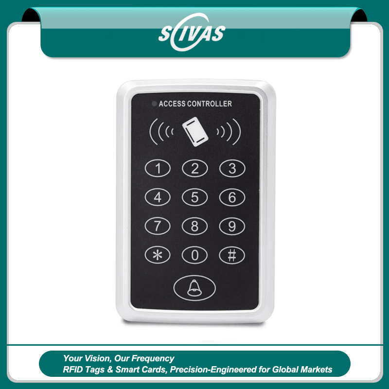 มุมมองด้านหน้าของเครื่องอ่านควบคุมเข้าใช้ขายส่งพร้อม Wiegand M39 RFID โดยแสดงแป้นกดและปุ่มควบคุม เพื่อให้เห็นส่วนประกอบด้านหน้าอย่างชัดเจน เหมาะสำหรับการควบคุมการเข้าออก.