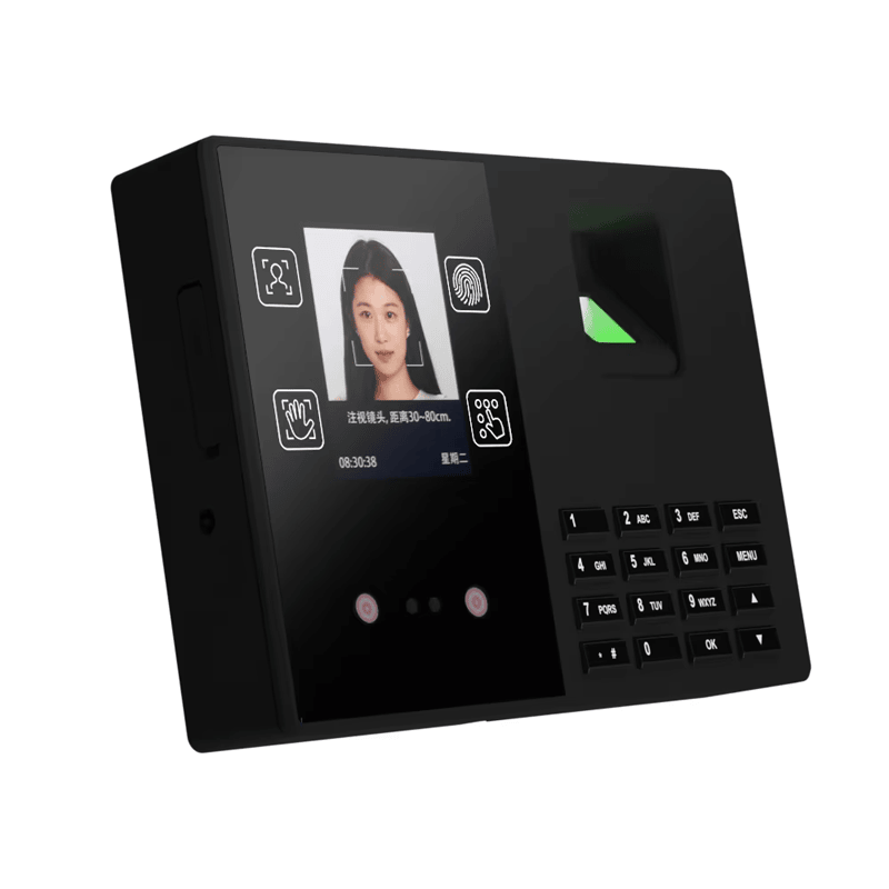 ภาพนี้แสดงเทอร์มินัลไบโอเมตริกสำหรับควบคุมเวลาและทางเข้า T200 โดยแสดงแป้นกดและปุ่มควบคุม.