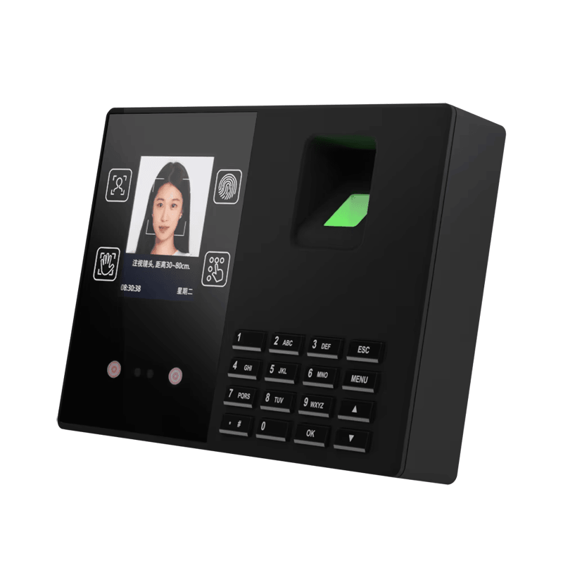 มุมมองแบบเอียงของเทอร์มินัลไบโอเมตริกสำหรับควบคุมเวลาและทางเข้า T200 โดยแสดงแป้นกดและปุ่มควบคุม และหน้าจอแสดงผล โดยถ่ายจากมุมเอียงเพื่อให้เห็นมิติของตัวเครื่อง.