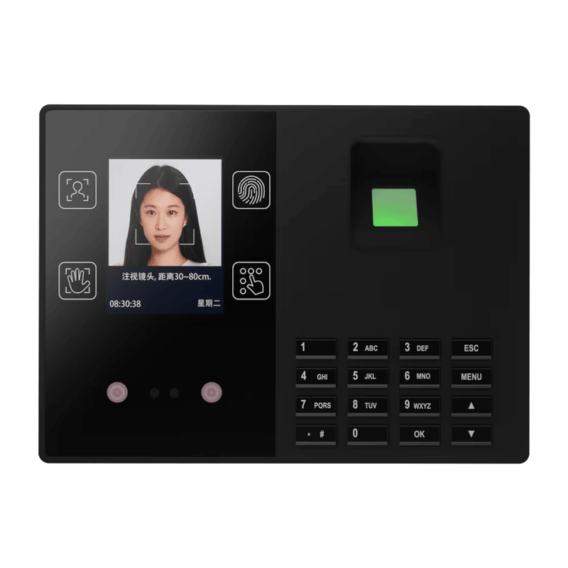 ภาพนี้แสดงเทอร์มินัลไบโอเมตริกสำหรับควบคุมเวลาและทางเข้า T200 โดยแสดงการนำเสนอรูปลักษณ์ผลิตภัณฑ์อย่างชัดเจน จอและระยะตรวจจับใบหน้า แป้นกดและปุ่มควบคุม และส่วนตรวจจับและจดจำใบหน้า.