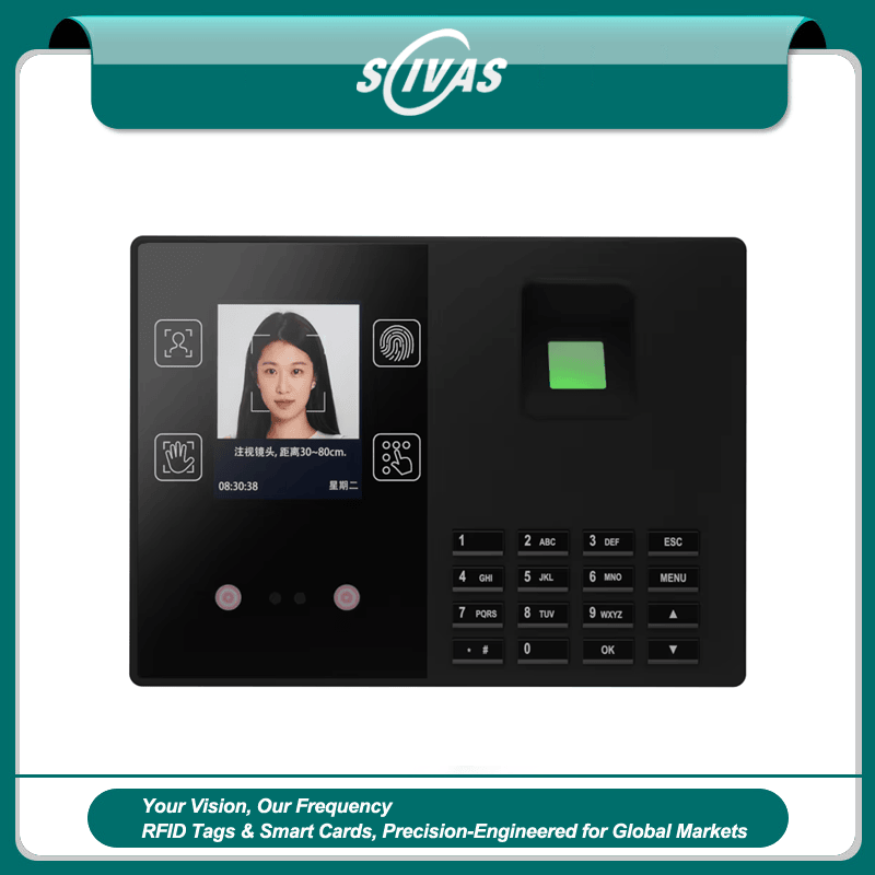 มุมมองด้านหน้าของเทอร์มินัลไบโอเมตริกสำหรับควบคุมเวลาและทางเข้า T200 โดยแสดงแป้นกดและปุ่มควบคุม หน้าจอแสดงผล และเซ็นเซอร์สแกนลายนิ้วมือ เพื่อให้เห็นส่วนประกอบด้านหน้าอย่างชัดเจน เหมาะสำหรับการควบคุมการเข้าออก.