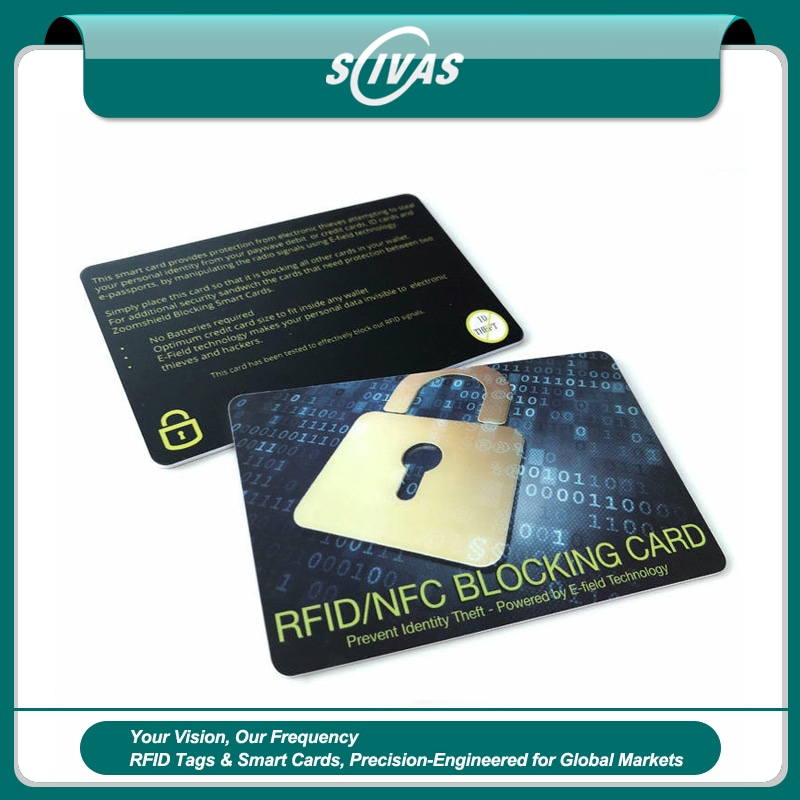 ภาพที่ 1: ภาพนี้แสดงบัตรป้องกัน RFID สั่งทำเพื่อความปลอดภัยในกระเป๋า SCIVAS โดยเน้นพื้นที่สำหรับโลโก้และแบรนด์สั่งทำ และคุณสมบัติด้านความปลอดภัยและป้องกันการแกะย้าย.