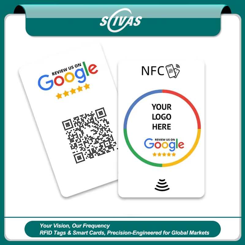 ภาพที่ 1: ภาพนี้แสดงบัตร Google รีวิว NFC และ QR สำหรับร้านอาหาร โดยเน้นการเชื่อมต่อแบบไร้สัมผัสหรือไร้สาย และการรวบรวมคะแนนรีวิวและความคิดเห็น.
