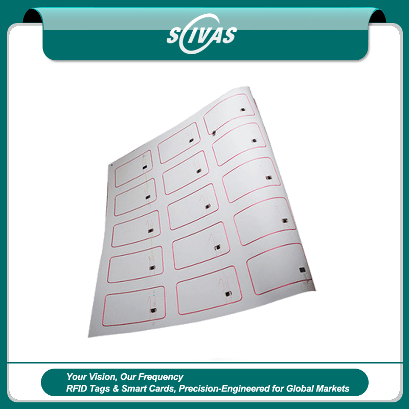 ภาพที่ 1: ภาพนี้แสดงแผ่นพรีแลม PVC RFID สำหรับผลิตสมาร์ตการ์ด โดยเน้นสีขาว วัสดุ PVC โครงสร้างเสาอากาศและชิปภายใน และการจัดวางหลายตำแหน่ง สำหรับการจัดการหนังสือและเอกสาร.