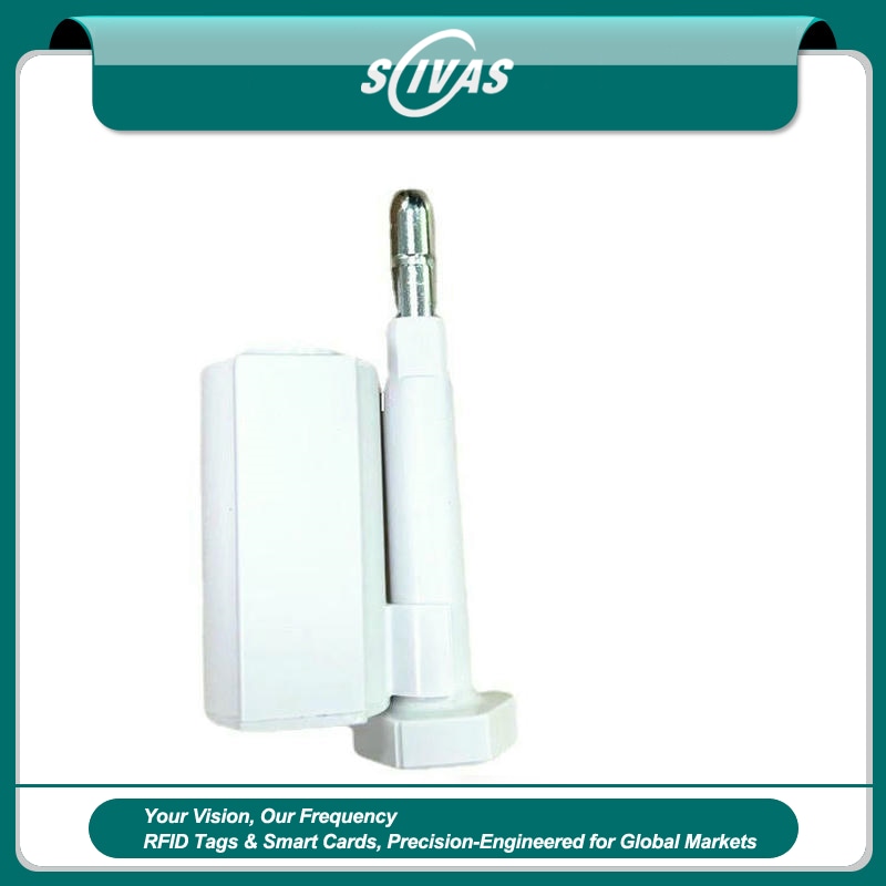 1) ภาพนี้แสดงซีลรักษาความปลอดภัย UHF RFID ขายส่งสำหรับทรัพย์สิน SS7925-1 SCIVAS โดยเน้นสีขาว โลหะ และคุณสมบัติด้านความปลอดภัยและป้องกันการแกะย้าย.
