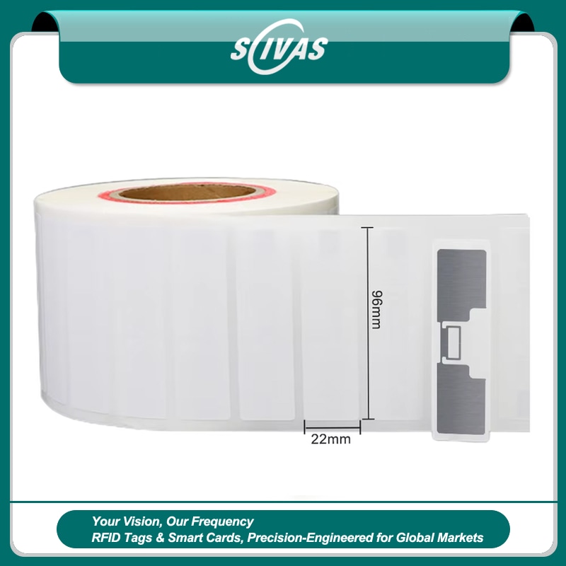 ภาพนี้เน้นฉลากทนทานของฉลาก UHF RFID กระดาษเคลือบติดตามสินค้าที่ไม่ใช่โลหะสำหรับการใช้งานด้านฉลาก UHF RFID.