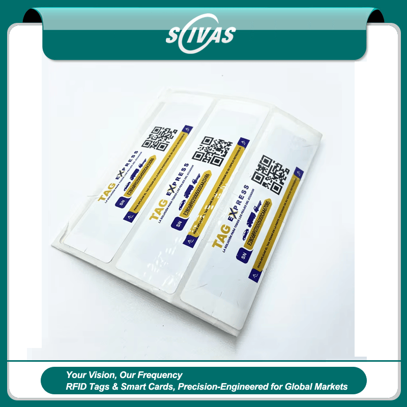 1) ภาพนี้แสดงแท็กรถ RFID ติดกระจกสั่งทำสำหรับลานจอดและค่าผ่านทาง SCIVAS UHF แท็ก EXPRESS QR โดยเน้นสามชิ้น ระบบสแกนบาร์โค้ดและ QR และภาพประกอบที่สาธิตคุณสมบัติและการใช้งาน สำหรับงานยานพาหนะ ยางรถ และการจัดการกองรถ.