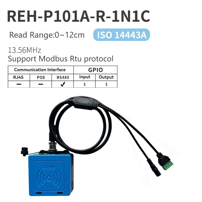 ภาพนี้แสดงผู้จำหน่ายเครื่องอ่าน RFID สำหรับระบบอัตโนมัติอุตสาหกรรม REH-P101A-R-1N1C HF ISO14443A RS485 ISO RS โดยแสดงข้อมูลจำเพาะและข้อมูลรุ่น และอินเทอร์เฟซสื่อสารสำหรับเชื่อมต่อระบบ.