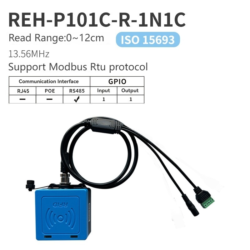 ภาพนี้แสดงผู้จำหน่ายเครื่องอ่าน RFID สำหรับระบบอัตโนมัติอุตสาหกรรม REH-P101C-R-1N1C HF RS485 ISO15693 RS ISO โดยแสดงการนำเสนอรูปลักษณ์ผลิตภัณฑ์อย่างชัดเจน และอินเทอร์เฟซสื่อสารสำหรับเชื่อมต่อระบบ เหมาะสำหรับงานอุตสาหกรรมและสายการผลิต.