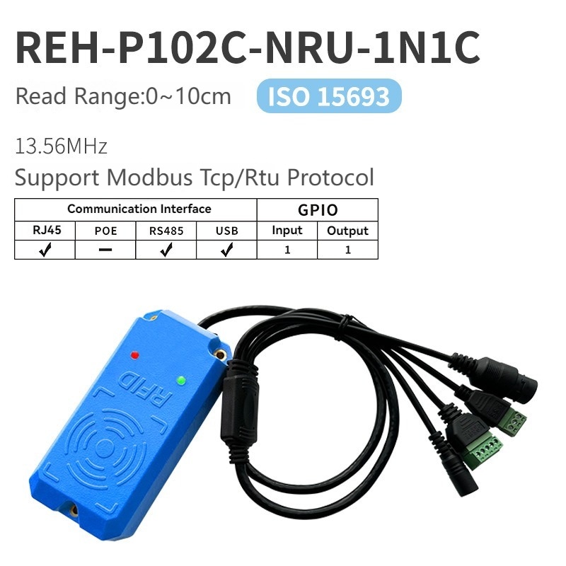ภาพสเปกนำเสนอเครื่องอ่าน RFID HF รุ่น REH-P102C-NRU-1N1C พร้อมอินเทอร์เฟซ RJ45 RS485 และ USB สำหรับการควบคุมทางอุตสาหกรรม