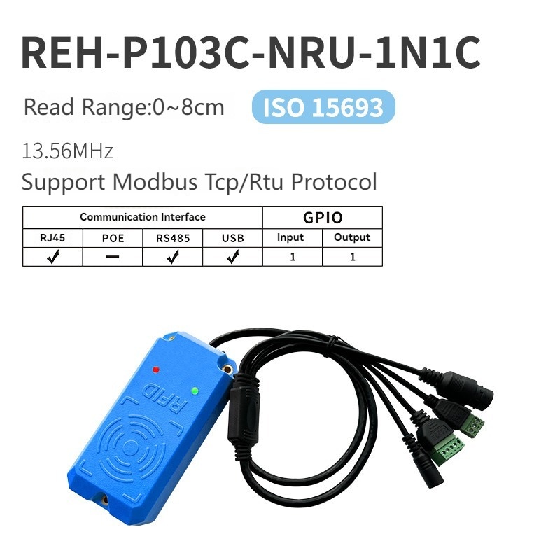 ป้ายข้อมูลสเปกนำเสนอเครื่องอ่าน RFID HF รุ่น REH-P103C-NRU-1N1C พร้อม RJ45 RS485 และ USB สำหรับสายการประกอบที่เชื่อมต่อเครือข่าย