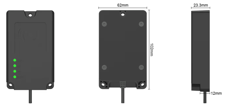 แผนภาพขนาดแสดงเครื่องอ่านอุตสาหกรรม CF820 พร้อมตัวเครื่องบาง 102 x 62 x 23.3 มิลลิเมตร และภาพด้านข้าง