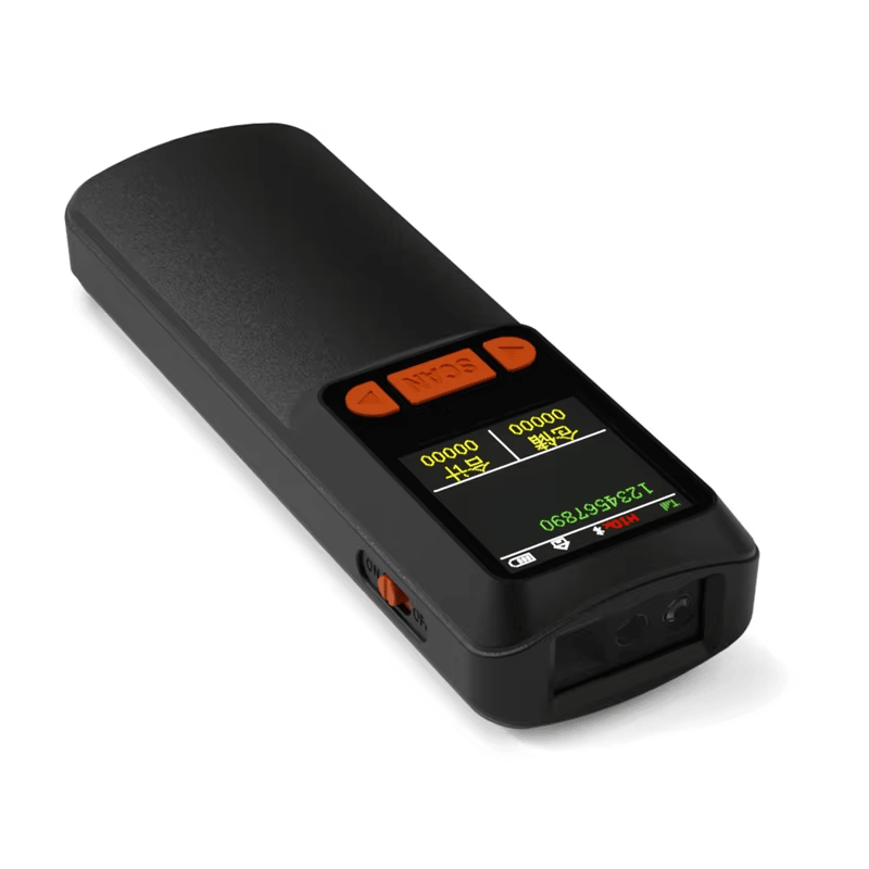 เครื่องสแกนบาร์โค้ด 2D Bluetooth พร้อมจอ LCD จัดแสดงโดยเน้นมุมมองด้านหน้าสำหรับโครงการเครื่องสแกนบาร์โค้ด 2D.