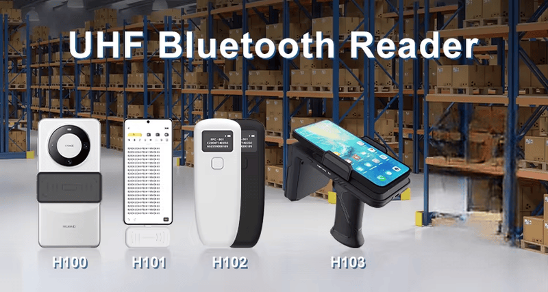 เครื่องอ่าน RFID บลูทูธ UHF รุ่น H100 ปรากฏในภาพกลุ่มสินค้าในคลังสินค้า พร้อมกับรุ่น H101 H102 และ H103