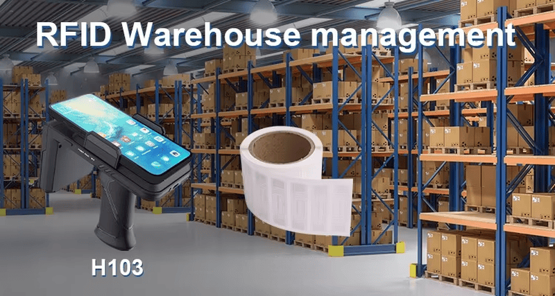 ฉากการจัดการคลังสินค้าที่เกี่ยวข้องกับ H100 แสดงการใช้งาน RFID กับชั้นจัดเก็บสินค้า ฉลาก และเครื่องอ่านแบบมือถือรุ่นอื่น