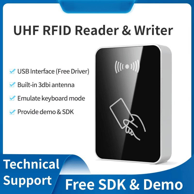 ภาพนี้แสดงเครื่องอ่าน UHF ตั้งโต๊ะ USB สำหรับเขียนแท็กทรัพย์สิน RFID FD-603 API โดยแสดงแป้นกดและปุ่มควบคุม.