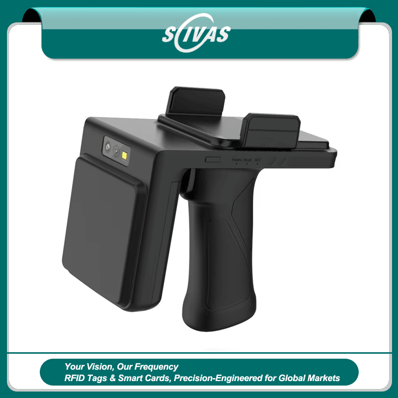 ภาพนี้แสดงเครื่องอ่าน UHF Bluetooth สำหรับตรวจสอบทรัพย์สินมือถือ H103 RFID โดยแสดงสีดำ โครงสร้างตัวหนีบสำหรับยึดติด และการเชื่อมต่อกับสมาร์ตโฟนและเครือข่ายไร้สาย.