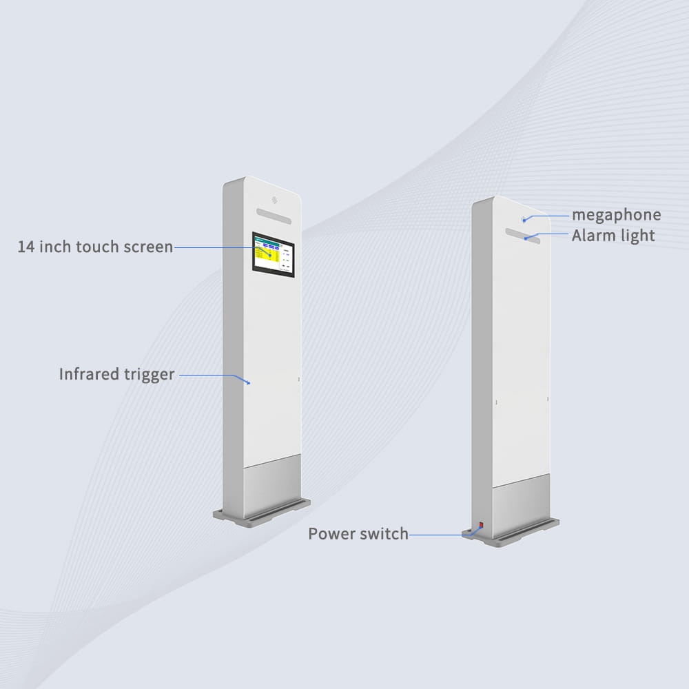 ภาพแสดงระบบสัญญาณเตือน EAS แบบเสียงและแบบภาพที่ติดตั้งในประตู RFID รุ่น CK-T7 สำหรับการแจ้งเตือนด้านความปลอดภัย