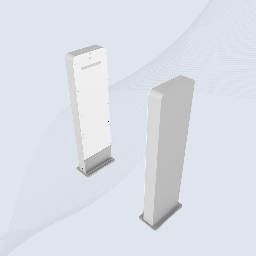 มุมมองด้านข้างของประตู RFID UHF ระยะหกเมตรสำหรับติดตามโลจิสติกส์ CK-T7 โดยแสดงแผงผิวอะคริลิกหรือกระจก เหมาะสำหรับการตรวจนับและจัดการสินค้าคงคลัง.