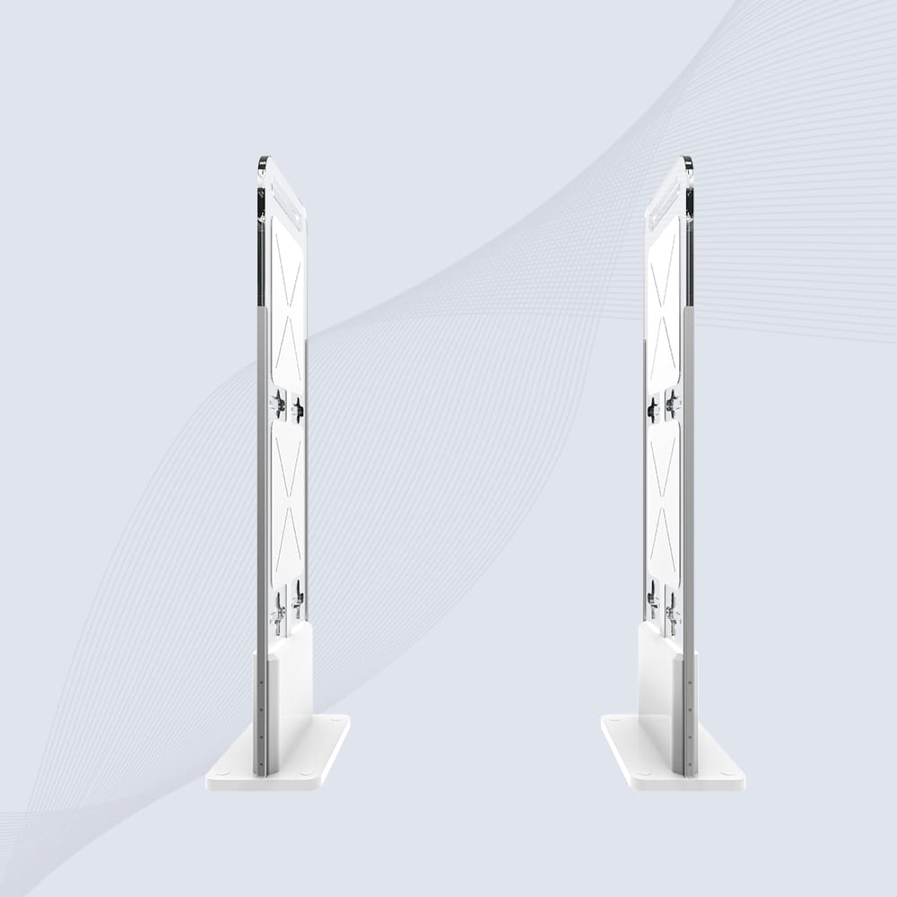 มุมมองด้านข้างของประตูตรวจ RFID สองย่านสำหรับลดการสูญเสียค้าปลีก CK-T9UHF 26mm โดยแสดงเหล็กกล้า และขนาดและสัดส่วนของผลิตภัณฑ์.