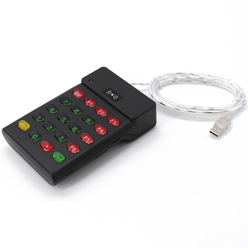 เครื่องอ่าน LF RFID พร้อมแป้นกดสำหรับ UID แสดงมุมมองด้านหลังสำหรับผู้ซื้อที่กำลังเปรียบเทียบโซลูชันเครื่องอ่าน 125KHz LF RFID.