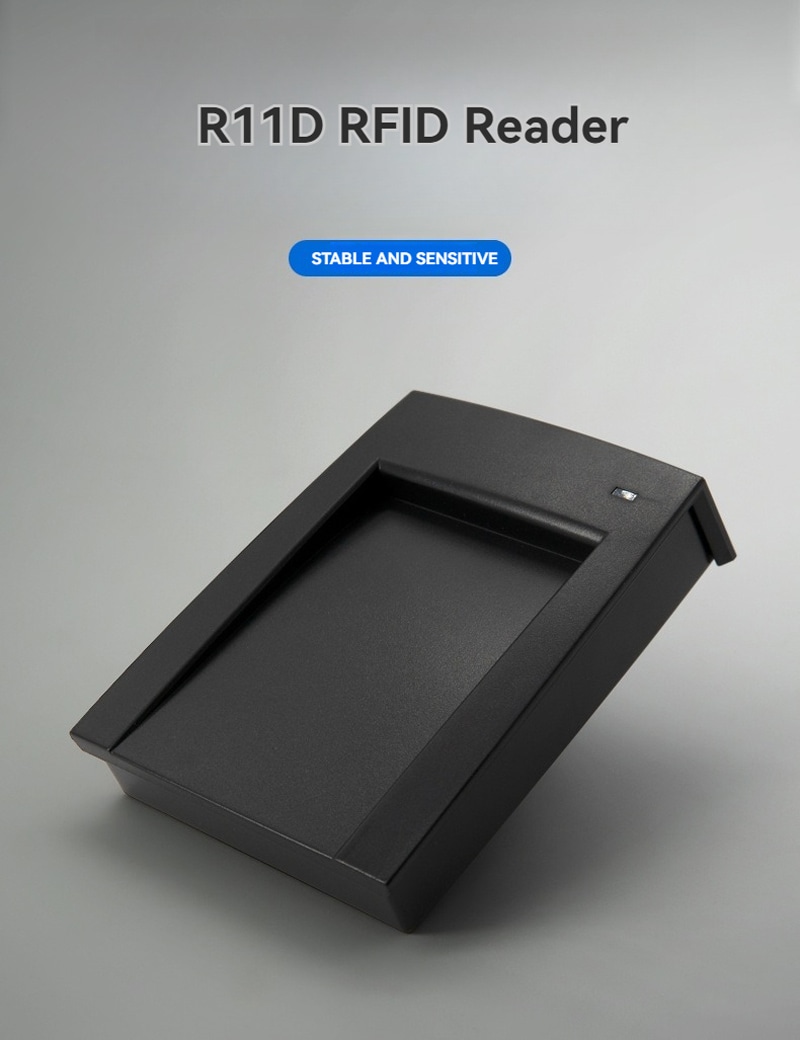 ภาพวาดทางเทคนิคแสดงขนาดทางกายภาพของเครื่องอ่าน RFID แบบอนุกรม R11D เพื่อการผสานรวมเข้ากับชุดโต๊ะรักษาความปลอดภัยที่มีอยู่ได้อย่างง่ายดาย