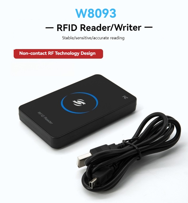 โปสเตอร์ส่งเสริมการขายแสดงเครื่องอ่านเขียน RFID W8093 พร้อมสาย USB และเน้นการออกแบบเทคโนโลยี RF แบบไม่สัมผัสสำหรับการใช้งานภาคสนาม