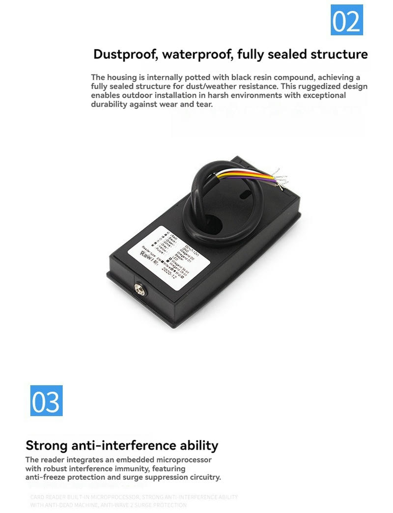 เครื่องอ่าน RFID กันน้ำสำหรับประตูที่ปลอดภัยแสดงจากมุมมองรายละเอียดชิปที่ชัดเจนสำหรับการใช้งานเครื่องอ่านควบคุมการเข้าออก RFID