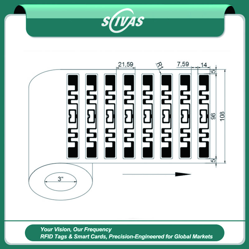 1) ภาพแผนผังทางเทคนิคของฉลากขนส่ง UHF RFID สำหรับโลจิสติกส์กล่อง 95x11mm โดยเน้นรูปแบบการจัดเรียงและบรรจุภัณฑ์ สำหรับงานโลจิสติกส์และห่วงโซ่อุปทาน.