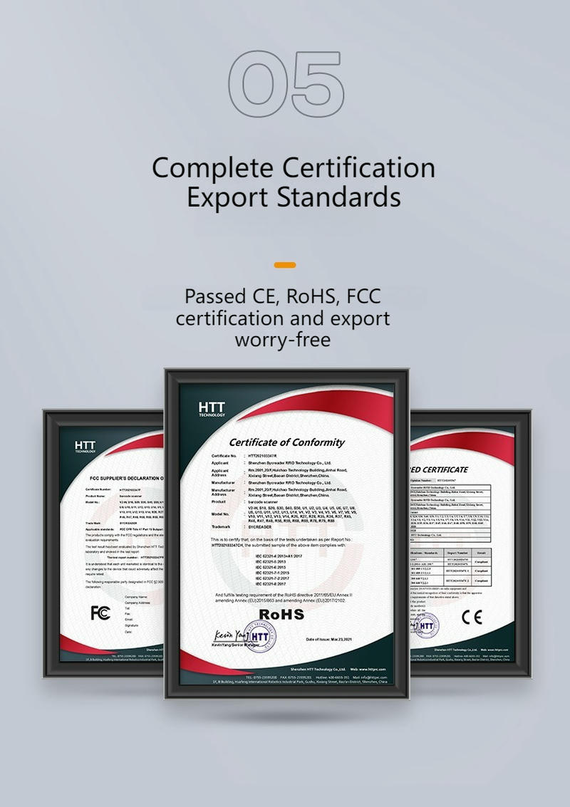 กราฟิกการรับรองสำหรับกล่องชำระเงิน R51 นำเสนอเอกสาร CE RoHS และ FCC ในกรอบเพื่อแสดงความพร้อมด้านการปฏิบัติตามข้อกำหนดการส่งออก
