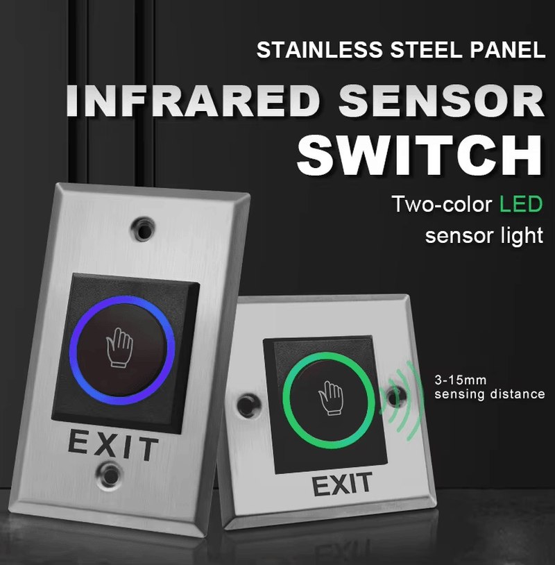 No-Touch Infrared Exit Button พร้อม Remote Control แสดงจากมุมมองฉากการใช้งานที่ชัดเจน สำหรับการใช้งานในกลุ่มปุ่มออก (Exit Buttons)