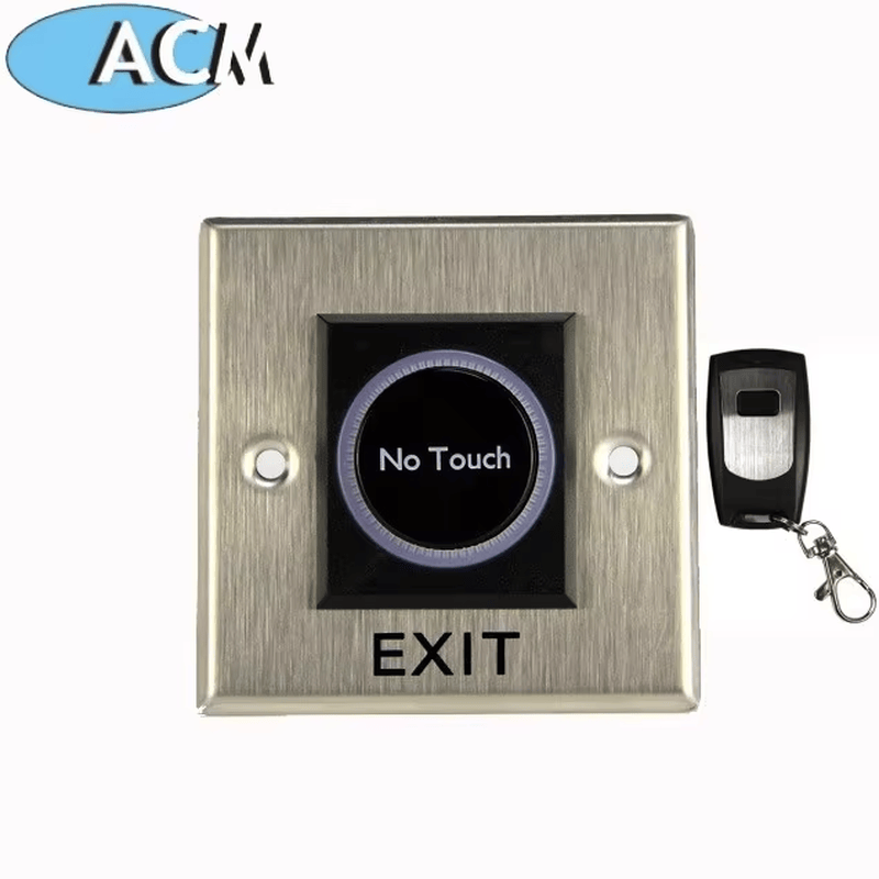 ภาพนี้แสดงให้เห็น No-Touch Infrared Exit Button พร้อม Remote Control ในมุมมองด้านหน้า สำหรับการใช้งานในกลุ่มปุ่มออก (Exit Buttons)