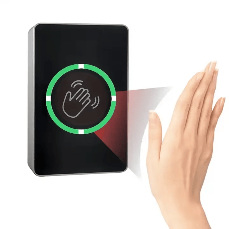 ปุ่มออกแบบติดผิวยึดติดผนังพลาสติกพร้อมกุญแจปลดล็อกประตูสีเขียว แสดงร่วมกับการติดตั้งทางเข้าประตูสำหรับผู้ซื้อที่เปรียบเทียบโซลูชันปุ่มออก