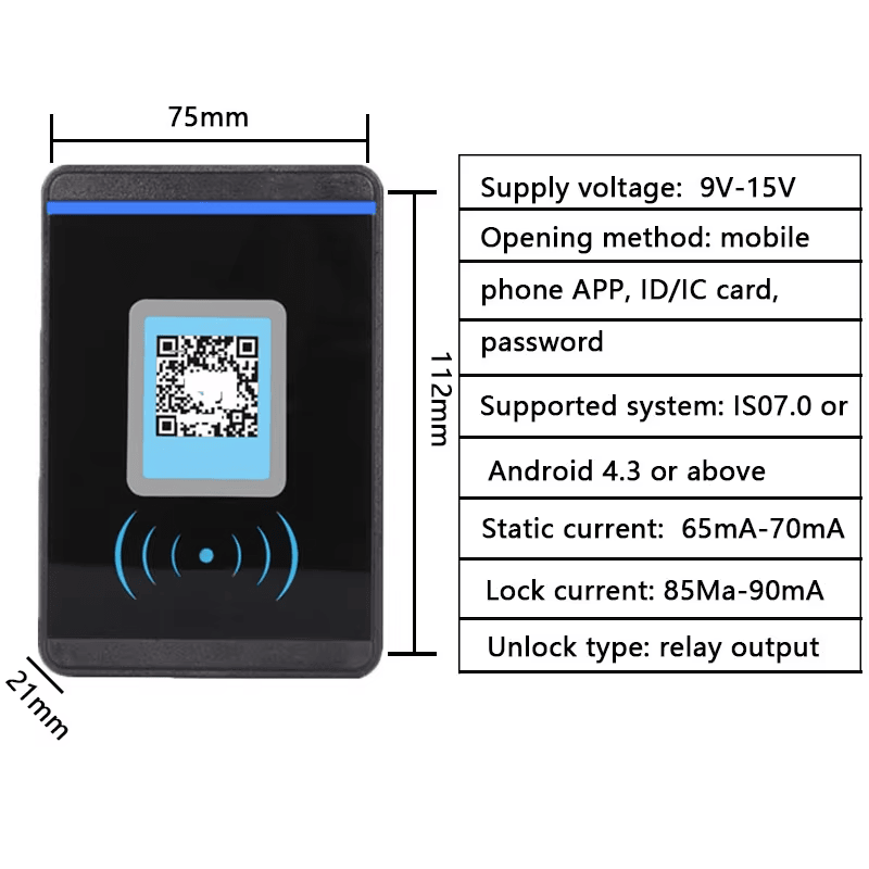 ภาพนี้แสดงเทอร์มินัล คิวอาร์โค้ด คลาวด์ WiFi สำหรับเปิดประตูระยะไกล Y20Q โดยแสดงโมดูลรีเลย์ และขนาดและสัดส่วนของผลิตภัณฑ์ เหมาะสำหรับการควบคุมการเข้าออก.