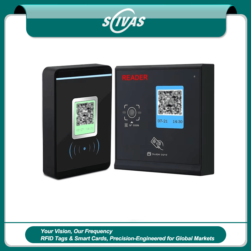 ภาพนี้แสดงเทอร์มินัล QR บนคลาวด์พร้อมปลดล็อก BLE SCIVAS Y30 โดยแสดงสองชิ้น สีดำ และส่วนควบคุมสำหรับการใช้งาน เหมาะสำหรับการควบคุมการเข้าออก.