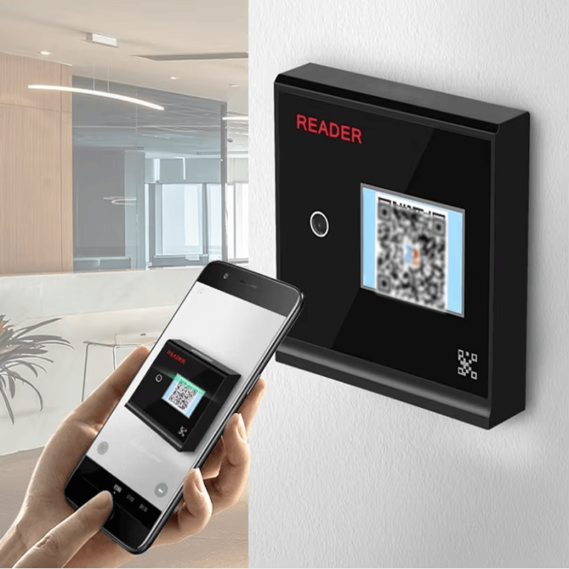 ภาพนี้แสดงเทอร์มินัล QR บนคลาวด์พร้อมปลดล็อก BLE Y30 โดยแสดงส่วนสแกนบาร์โค้ดและรหัส QR ตำแหน่งติดตั้งและการใช้งานจริง และการเชื่อมต่อกับสมาร์ตโฟนและเครือข่ายไร้สาย เหมาะสำหรับการควบคุมการเข้าออก.