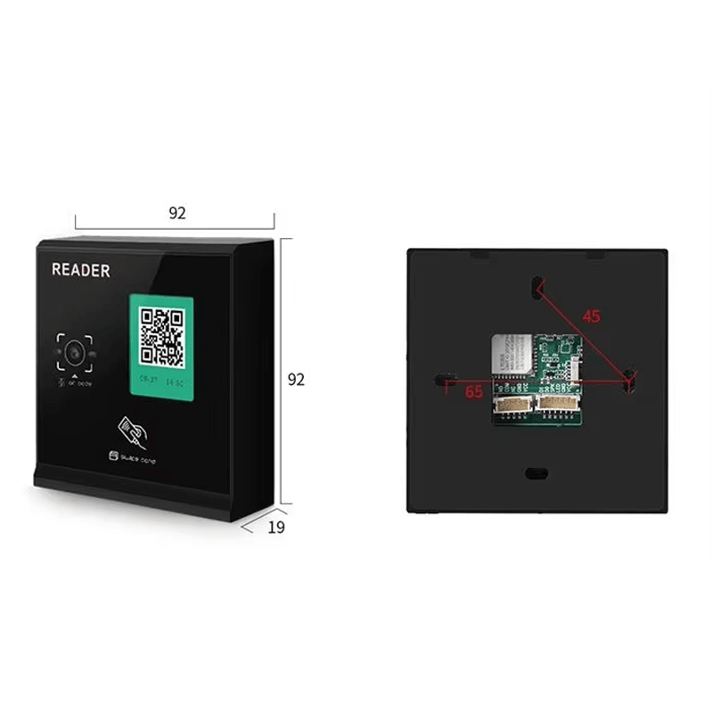 ภาพนี้แสดงเทอร์มินัล QR บนคลาวด์พร้อมปลดล็อก BLE Y30 โดยแสดงสีดำ และรูปแบบการติดตั้งบนผนัง.