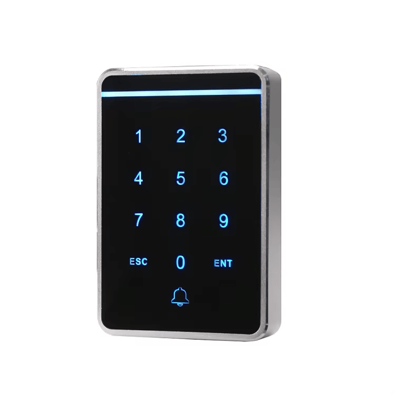 มุมมองด้านหลังของเทอร์มินัล RFID แป้นสัมผัสสำหรับประตูเดียว JK20 โดยแสดงรูปแบบการติดตั้งบนผนัง เพื่อให้เห็นส่วนประกอบด้านหลังอย่างชัดเจน.