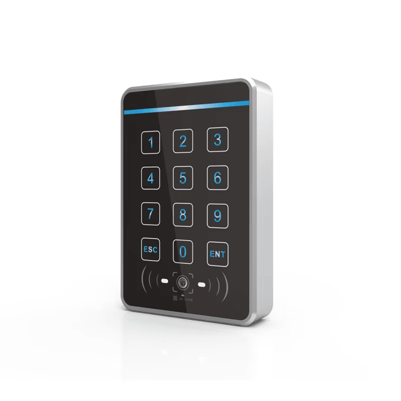 ภาพนี้แสดงคอนโทรลเลอร์ QR สแตนด์อโลนพร้อมคีย์แพดและ RFID Q60 โดยแสดงตัวเรือนและแผงด้านหลัง และแผ่นและขายึดสำหรับติดตั้ง.