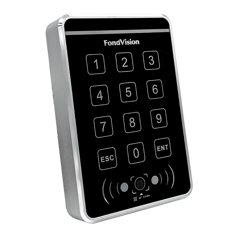 ภาพนี้แสดงคอนโทรลเลอร์ QR สแตนด์อโลนพร้อมคีย์แพดและ RFID Q60 โดยแสดงสีน้ำเงิน โลหะ แป้นกดและปุ่มควบคุม และการมองเห็นและใช้งานได้ชัดเจนในที่มืด.