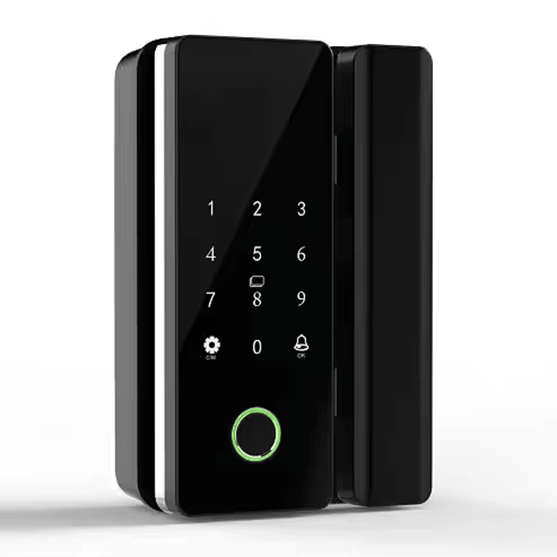 ภาพถ่ายผลิตภัณฑ์ล็อกประตูกระจก TTLock ลายนิ้วมือและ RFID แสดงไฟแสดงสถานะ LED ในหมวดกลอนประตูไฟฟ้า.