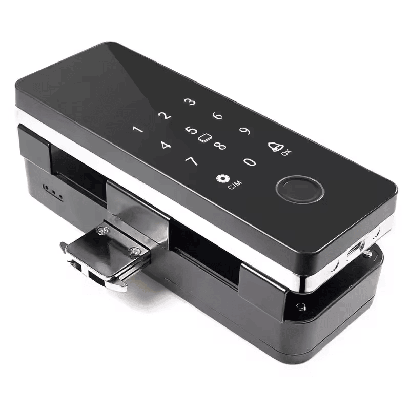 ภาพนี้เน้นระบบรักษาความปลอดภัยของล็อกประตูกระจก TTLock ลายนิ้วมือและ RFID สำหรับการใช้งานด้านกลอนประตูไฟฟ้า.